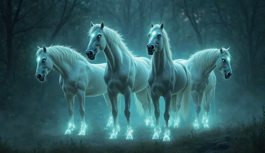 The horses open their mouths, their eyes glowing with a pale light.