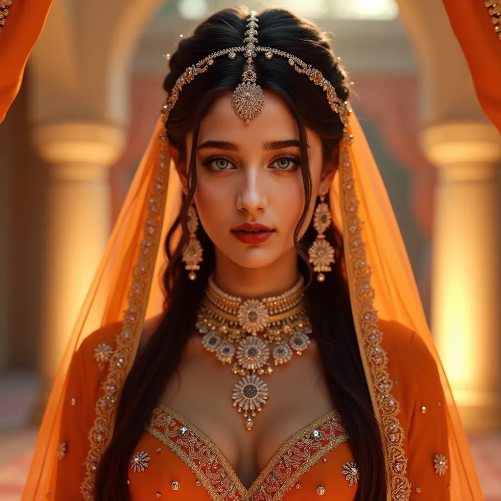 4K, UHD, masterpeice, 1 girl, good face, detailed eyes, detailed lips, very long hair, straight hair, very long hair, beautiful hair, hair ornaments, hairband, gradient hair, ((orange lehenga)), ((bridal lehenga)), ((decorated blouse)), sardine, ((ornament...