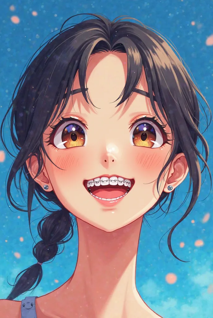 Royal blue color a woman smiling with braces in anime mode 