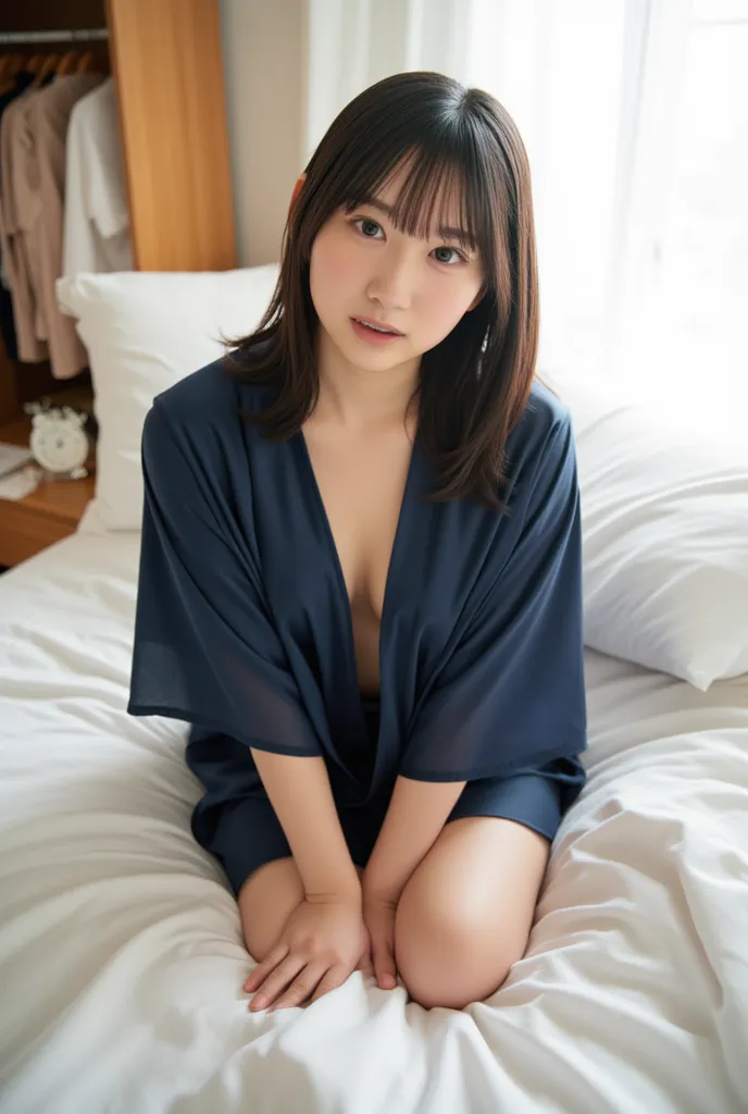 completely naked body under a dark blue yukata; 8k; masterpiece; best quality; detailed description; photorealistic to tilt your head to the left; natural, soft morning light; 1 girl crouching;  short hair; Fully naked body; not wearing anything; I can see...