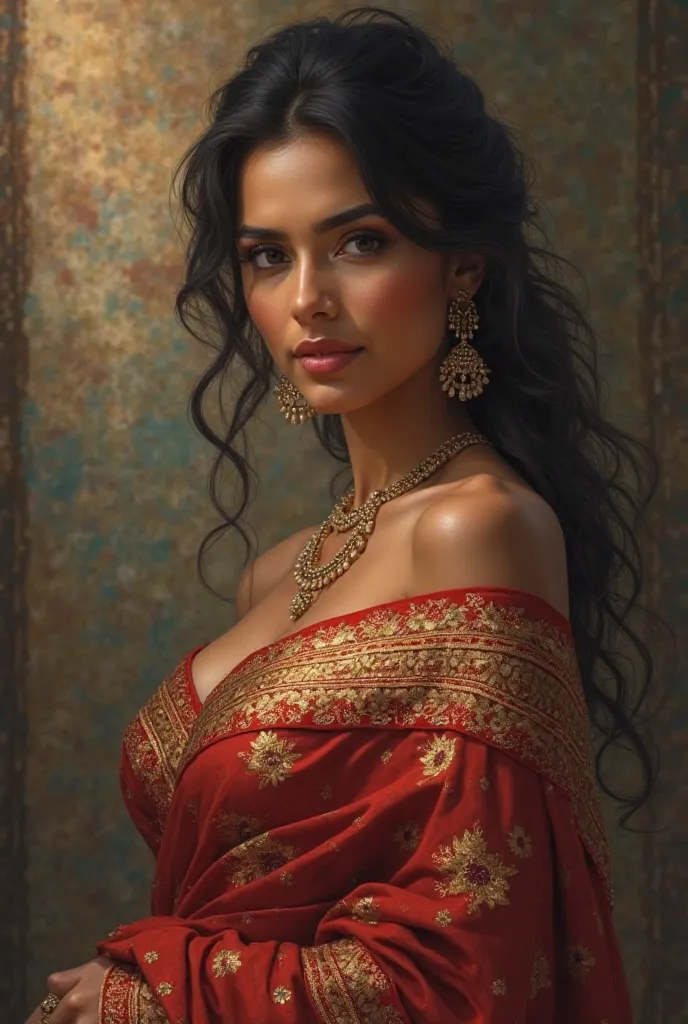 A realistic indian women in saree with slight naked boobs
