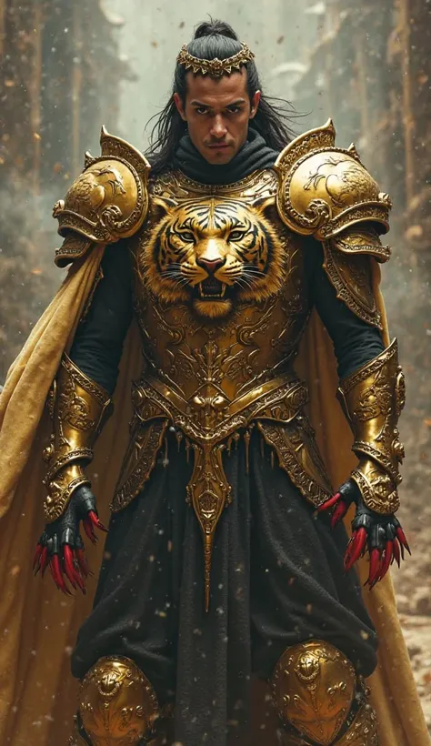 An ultra-realistic 9x16 cinematic scene of an imposing warrior wearing an intricate golden armor inspired by a tiger, with sturdy shoulder straps and a sculpted chest With the Face of a Ferocious Tiger. The armor has refined details, ornamental engravings ...