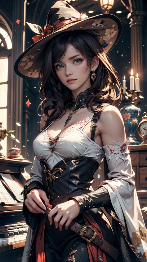  with a girl in a white lace dress and Leonardo da Vinci's memo in the background、Image of À la Fed, A beautiful young and spiritual figure , Magical Girl Portrait, Portrait of a young witch girl,  girl in steampunk clothes , Musician girl in lace clothes,...