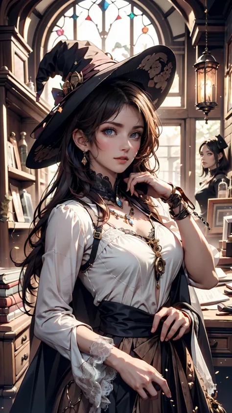  with a girl in a white lace dress and Leonardo da Vinci's memo in the background、Image of À la Fed, A beautiful young and spiritual figure , Magical Girl Portrait, Portrait of a young witch girl,  girl in steampunk clothes , Musician girl in lace clothes,...