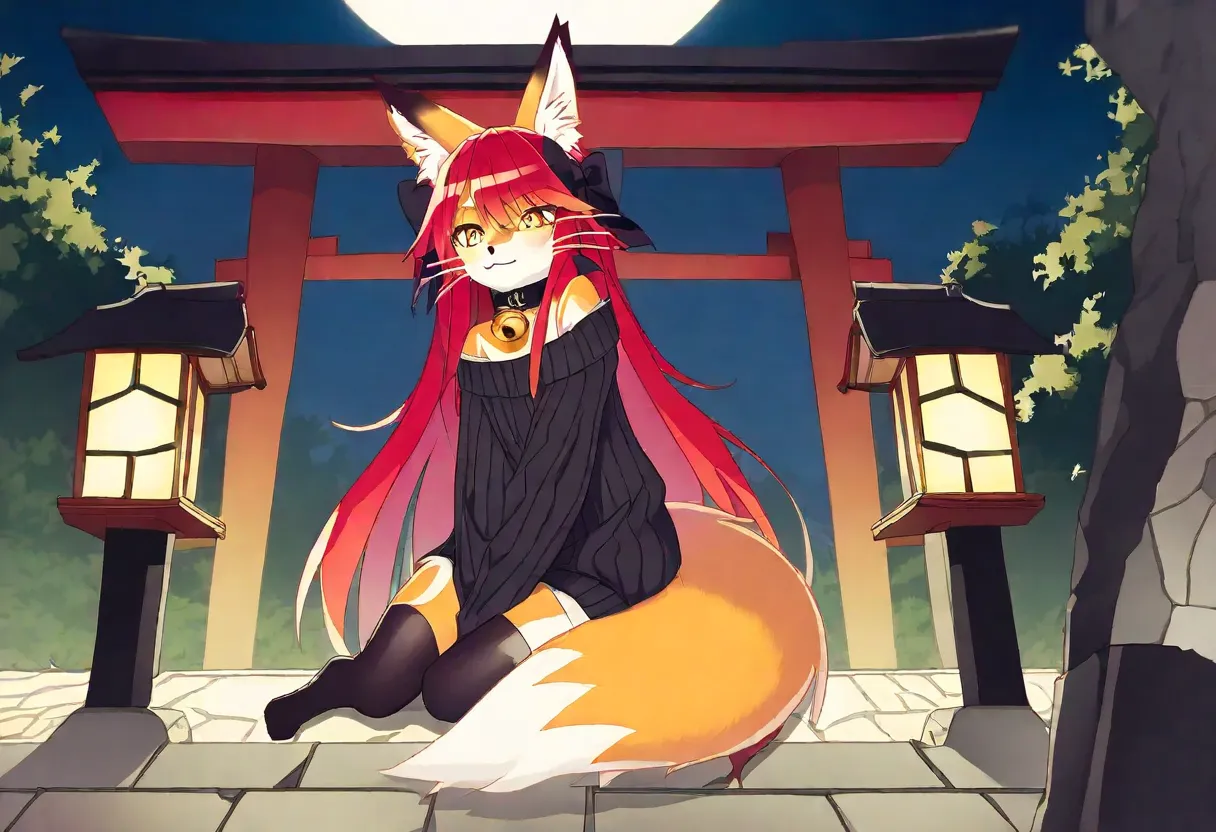 full body、Solo、unpralleled masterpiece、Detailed、 Beautiful、 score_9、 score_8_up、 score_7_up、moody atmosphere、mysterious、fox、anthro、furry、female、orange fur、(long hair、beautiful hair、scarlet red hair、side swept hair、bangs)、yellow eyes、(tuft of fur)、(digitigr...