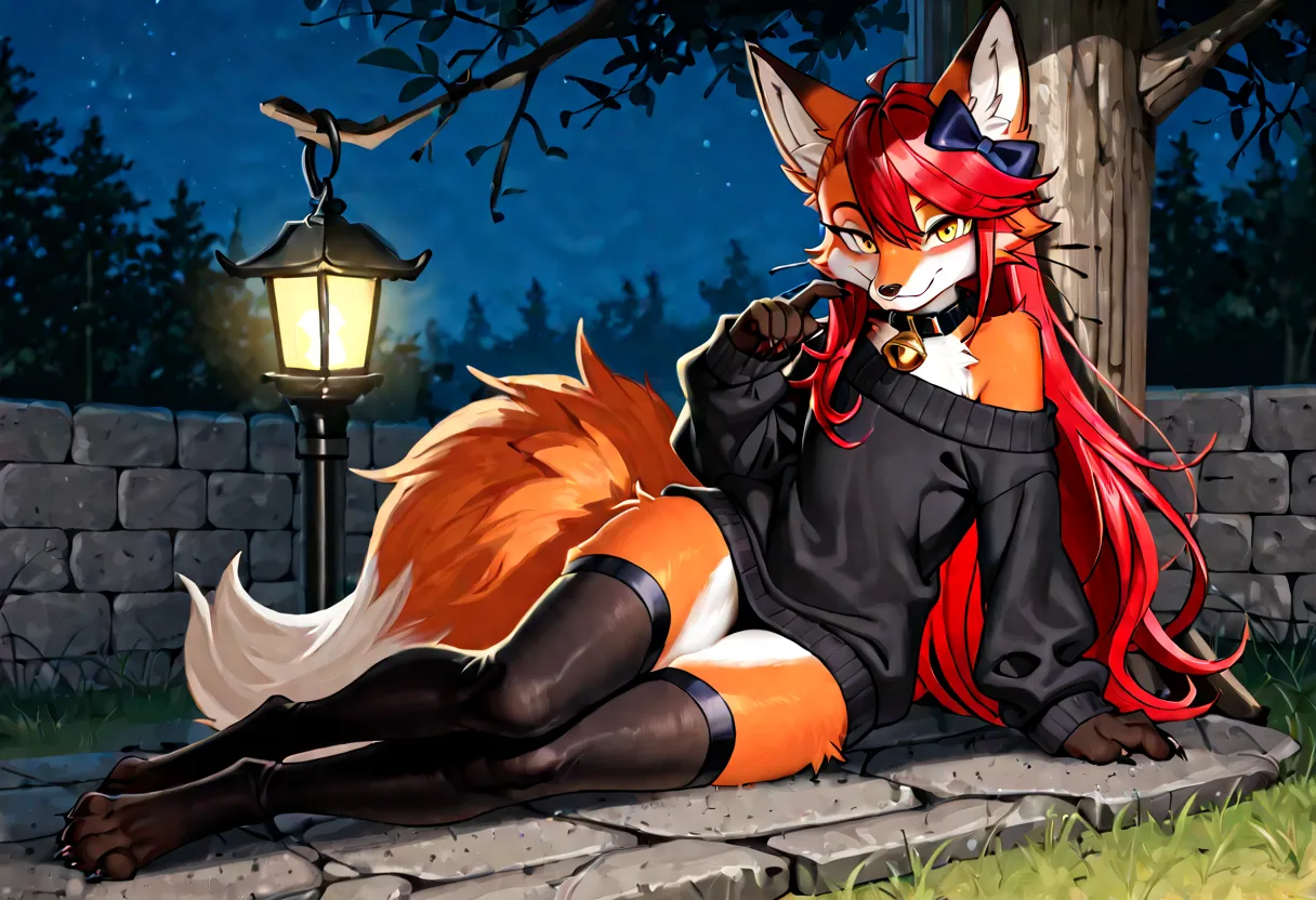 full body、Solo、unpralleled masterpiece、Detailed、 Beautiful、 score_9、 score_8_up、 score_7_up、moody atmosphere、mysterious、fox、anthro、furry、female、orange fur、(long hair、beautiful hair、scarlet red hair、side swept hair、bangs)、yellow eyes、(tuft of fur)、(digitigr...