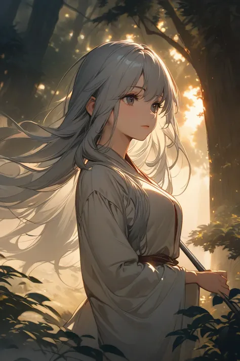 Pretty girl with dark eyes and gray hair holding an anime-style long-haired sword