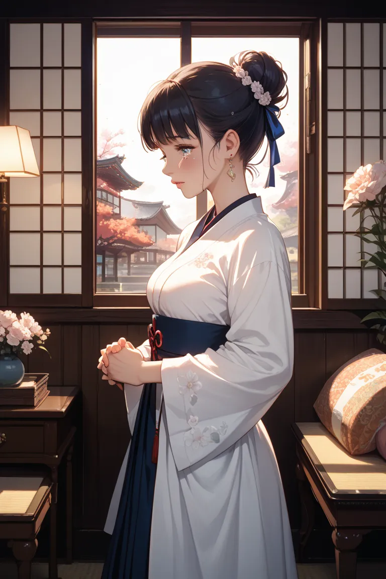 A beautiful Japanese woman in her 30s with long, dark hair tied in a soft bun, wearing a modest yet slightly fitted blouse and skirt. 
A dimly lit living room in a typical Japanese home at night. The atmosphere is tense and cold. The husband, a hardworking...