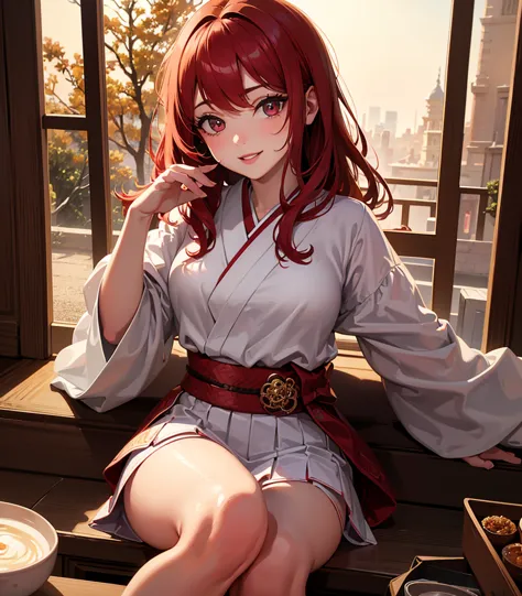 　 red hair 　red eyes　solo　　cute　Mysterious　white　 dress　Japan　Japan 　Idol　skirt　 clear　night　Tea Time　 red hair 　room　