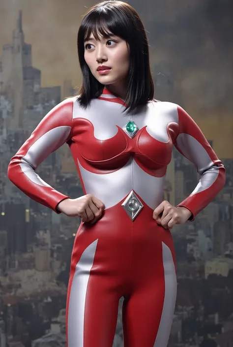   Front View from Below 、赤のUltramanスーツ、big breasts、 long hair、Ultraman、Genuine、Genuineistic、cinematic lighting、girl in a shiny red and silver suit、、Professional photo in accurate costume、don't expose my skin、Japanese models、Japanese CGI、Ultramanスーツ、、 Power...