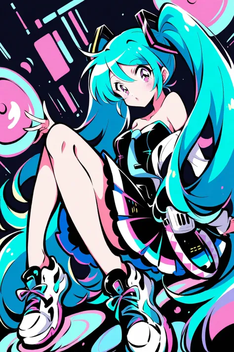 (has the best quality, sketch:1.2),practical, illustration designer  ,cunning，1 girl,   Hatsune Miku  ， delicate lips , hand， strapless， Neon long hair  ,  high ponytail green  ， skirt， Put your foot on the sound，sneakers。 masterpiece,  This style is very ...