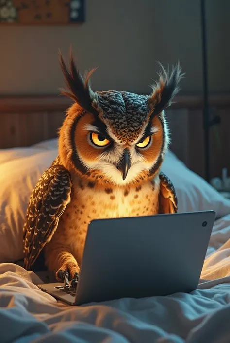 Angry owl in bed behind a laptop