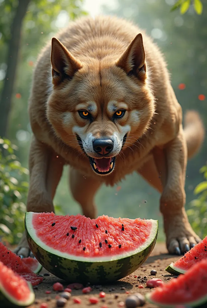 a dog angry with watermelon 