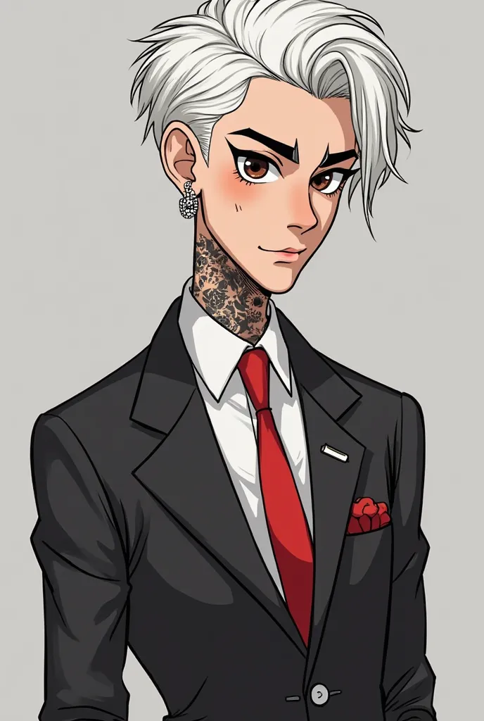  Aparência: short white hair.
	 • Clothes :  black suit,  white shirt and red tie , What gives it a formal look.
	• Face: It has, facial and neck tattoos that add a more rebellious or alternative style. Style: cartoon 