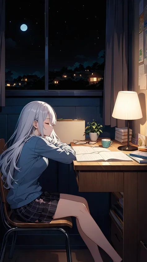 ultra detailed, official art, college age, fair skin, straight hair, curi inside hair, white hair, One female college student is sleeping while sleeping, She's sleeping at her desk as a nap for her studies, medium breasts, casual uniform, sitting, upper bo...