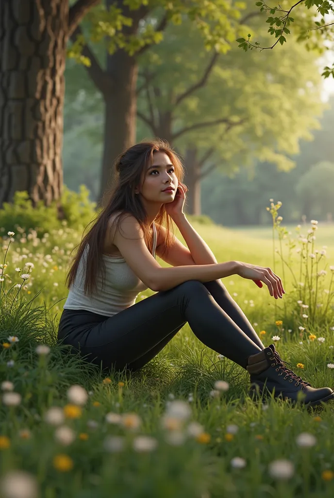 A white woman with brown hair wears black leggings and riding boots. She lies with her legs apart in a meadow and is oriented from foot to head in the picture.