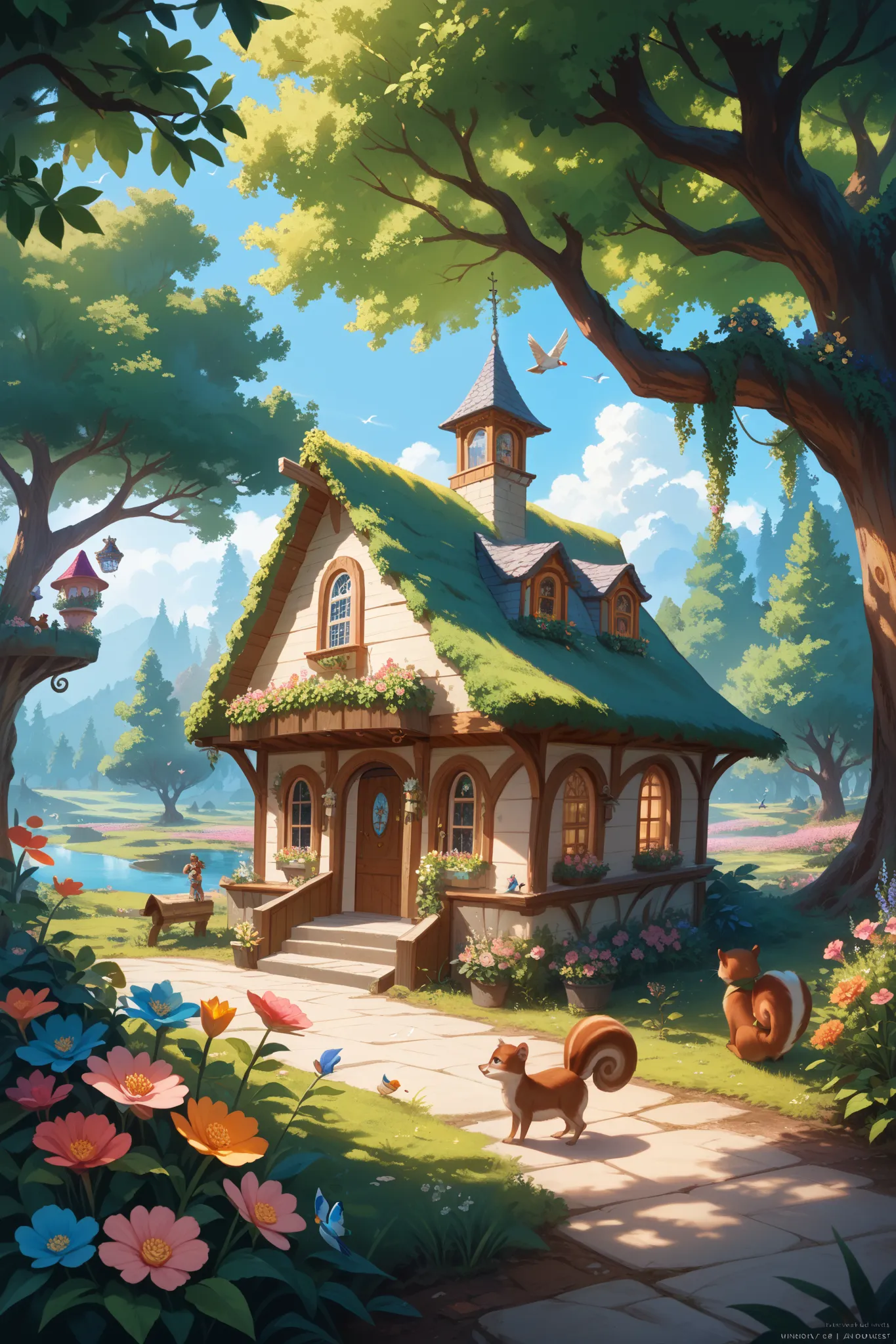 A dwarf's house hidden in the garden; the inside looks like a dollhouse; the dwarf is a family member who looks like Arrietty; squirrels and birds are playing; flowers are blooming nearby.