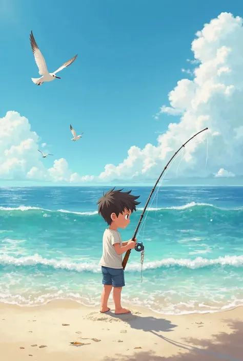 A boy is catching in the beach fish