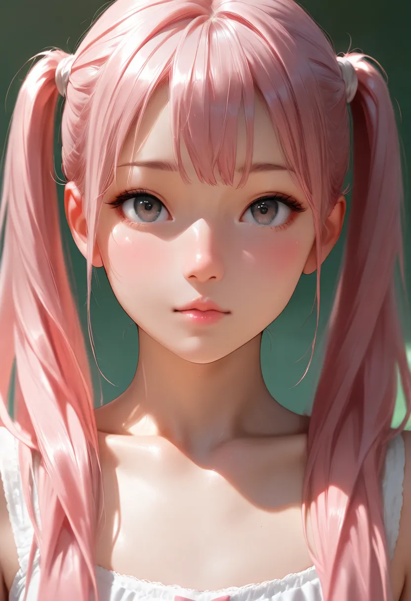 masterpiece,best quality,semrealistic,detailed face,JK,1gir,pink hair,twin tails,flat chest,face focus,upper body