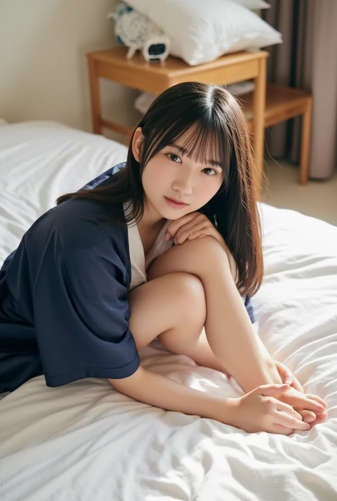 completely naked body under a dark blue yukata; 8k; masterpiece; best quality; detailed description; photorealistic to tilt your head to the left; natural, soft morning light; 1 girl crouching;  short hair; Fully naked body; not wearing anything; I can see...