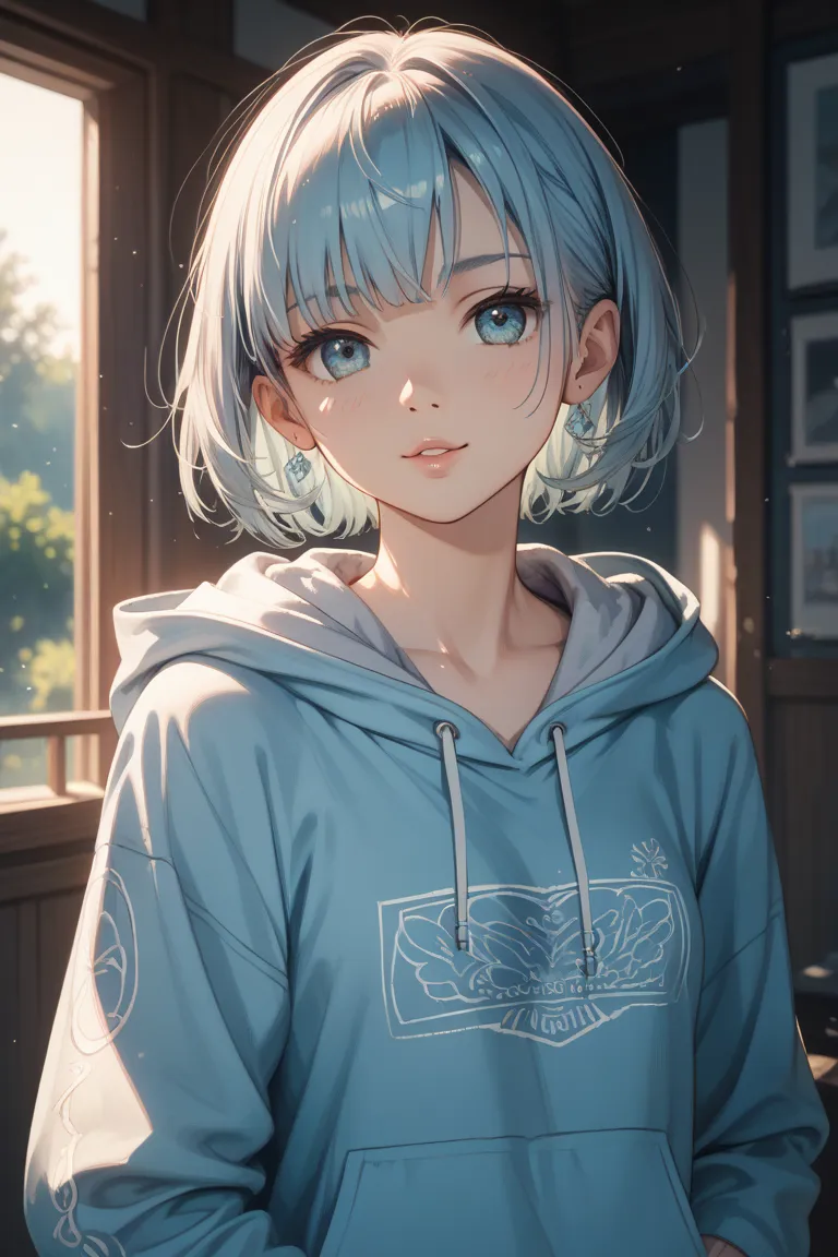 The girl's hoodie with light blue hair is cute and relentless