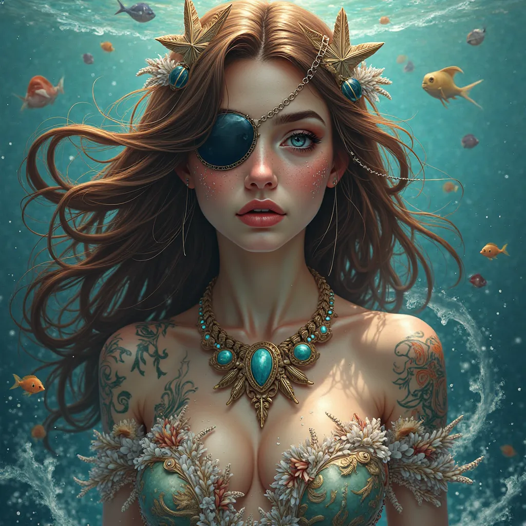 Sexy calypso, Goddess of the sea, An eye patch, Tattoo, dressed in shells and starfish.  brown hair