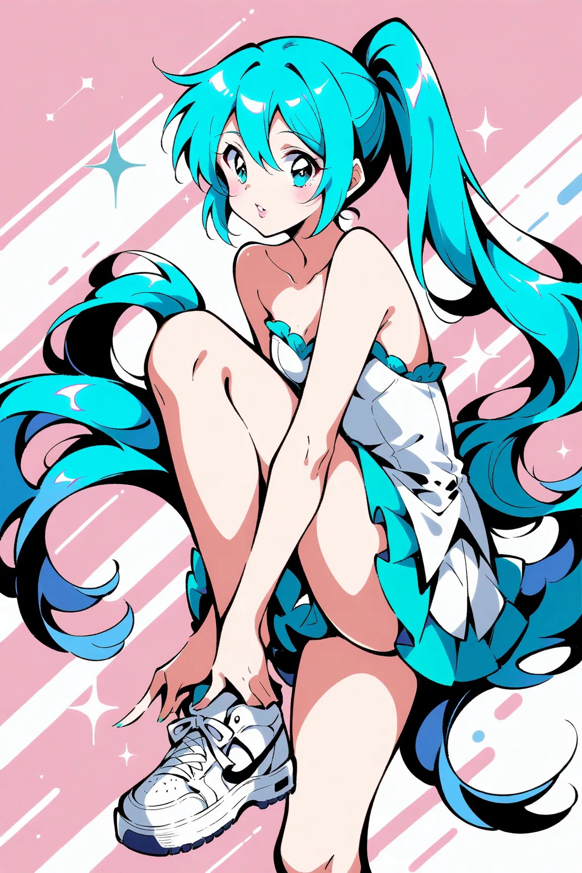 (has the best quality, sketch:1.2),practical, illustration designer  ,cunning，1 girl,   Hatsune Miku  ， delicate lips , hand， strapless， Neon long hair  ,  high ponytail green  ， skirt， Put your foot on the sound，sneakers。 masterpiece,  This style is very ...