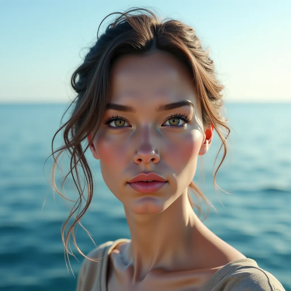  WOMAN OF SLAVIC APPEARANCE , 35 years old, pale skin, selfie, photorealistic, against the backdrop of the sea