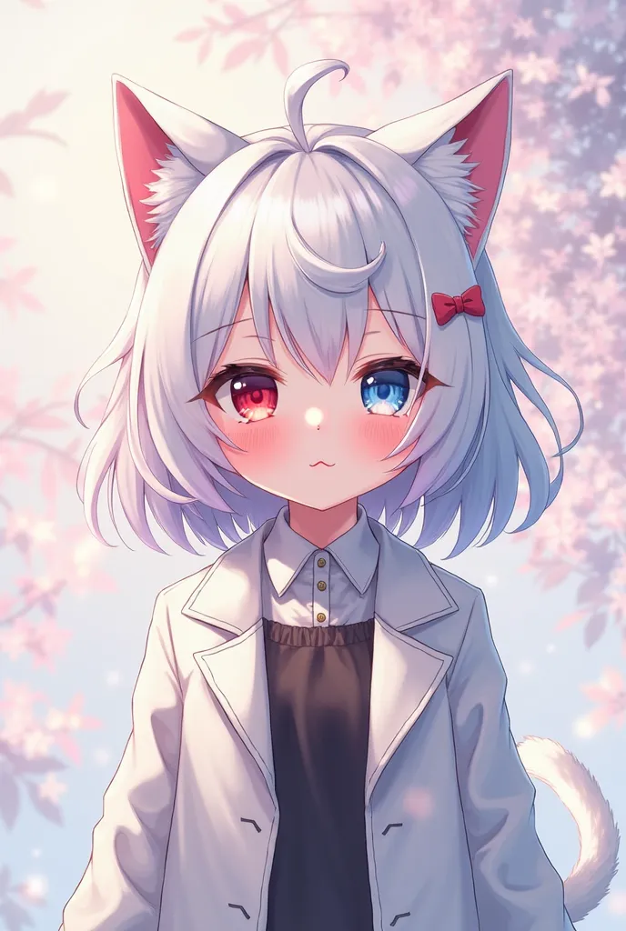  white hair ， red eyes on the left，blue eyes on the right，Wearing a white trench coat ，Cat ear girl，cute anime image，tchibi，cute closed eyes smirk