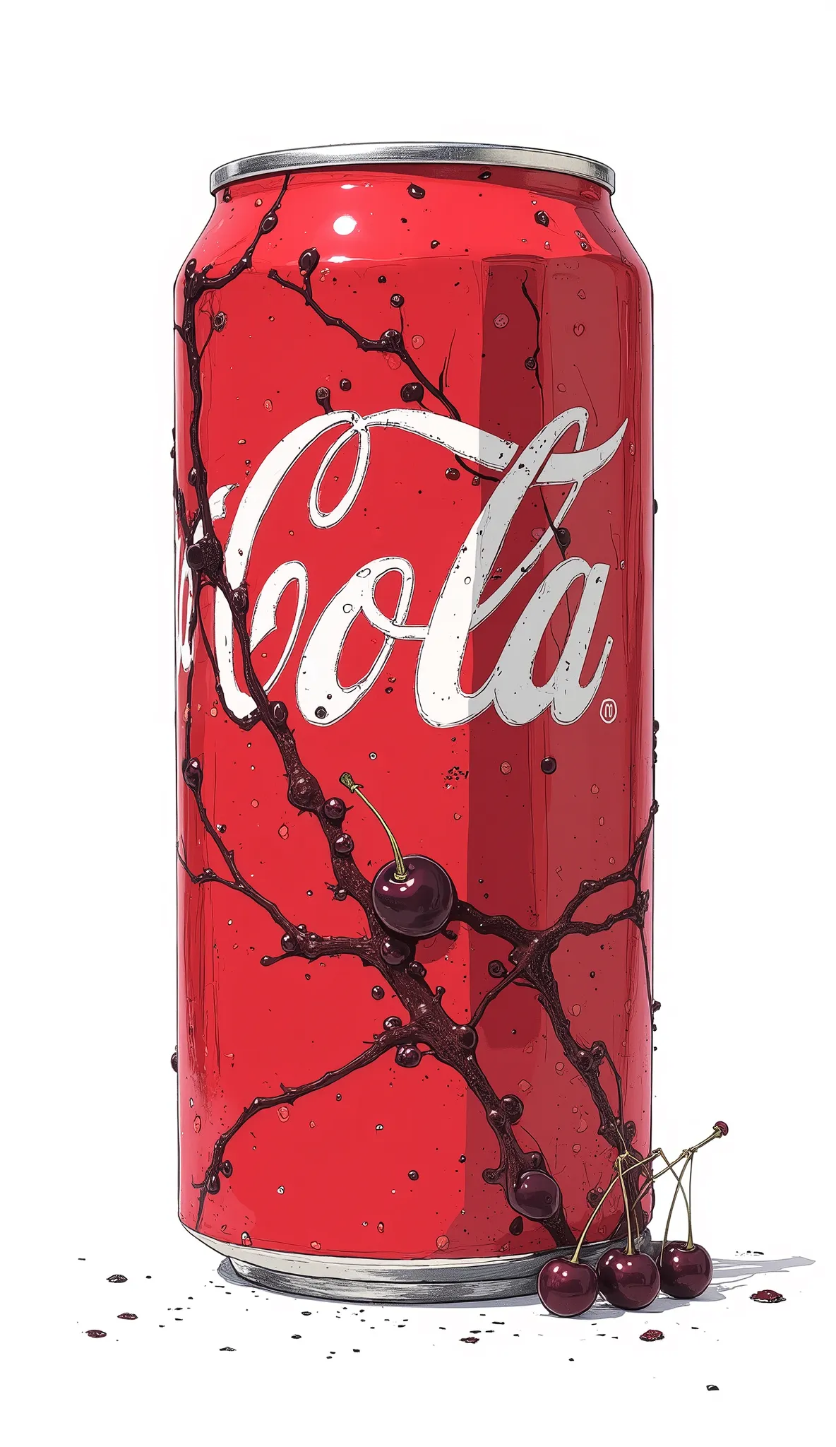 a close up of a can of cherry cokeon a white background,   Pedro Pedraha  ,  trending in behance , pop art、cherry coke,  super realism art nouveau, very detailed illustrations side by side, super realistic, Ultra detailed and sharp depiction,  very detaile...