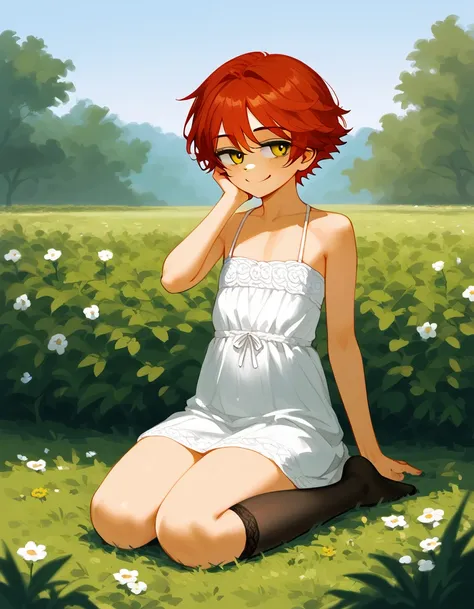 check_9,check_8_ upwards,check_7_ upwards,  boy, One, alone,  short revealing white hippie dress, white dress, black stockings,  eyes half open , bored eyes,  smiling softly , red hair, short hair,   yellow eyes,  outdoors, in the park,  female face and bo...