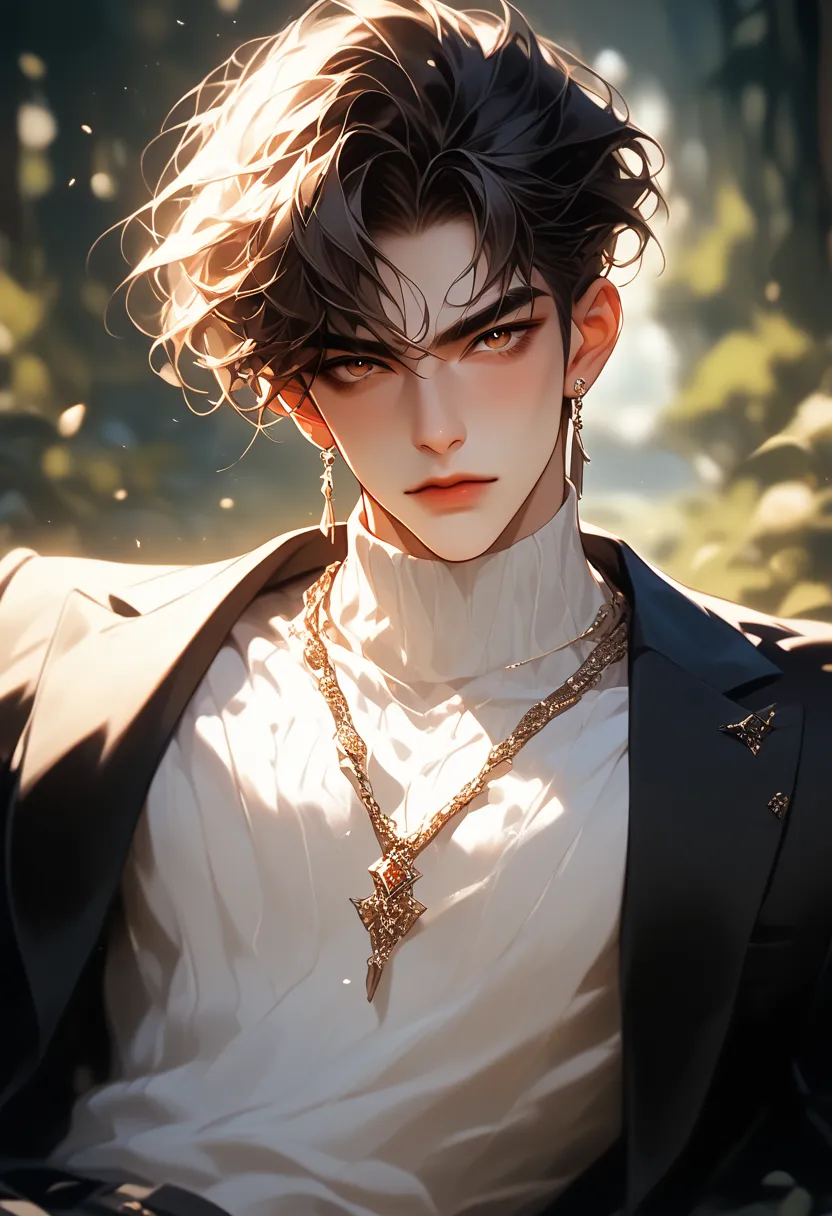 (score_9, score_8_up), score_7_up, ,  pretty boy,  viewer,   Hair、brown eyes, focus on men,  pants,  comments, black   pants,  white skin,Blurry Background、 sagitales、Short Hair、バングup、 turn around、necklaces、 white turtleneck、 short hair、
