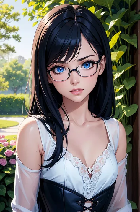 1girl, medium dark blue hair, blue eyes, black corset, lace, nsfw, absurdres, high res, ultrasharp, 8K, masterpiece, looking at viewer, night time, eyeshadow, glasses, hot anime girl