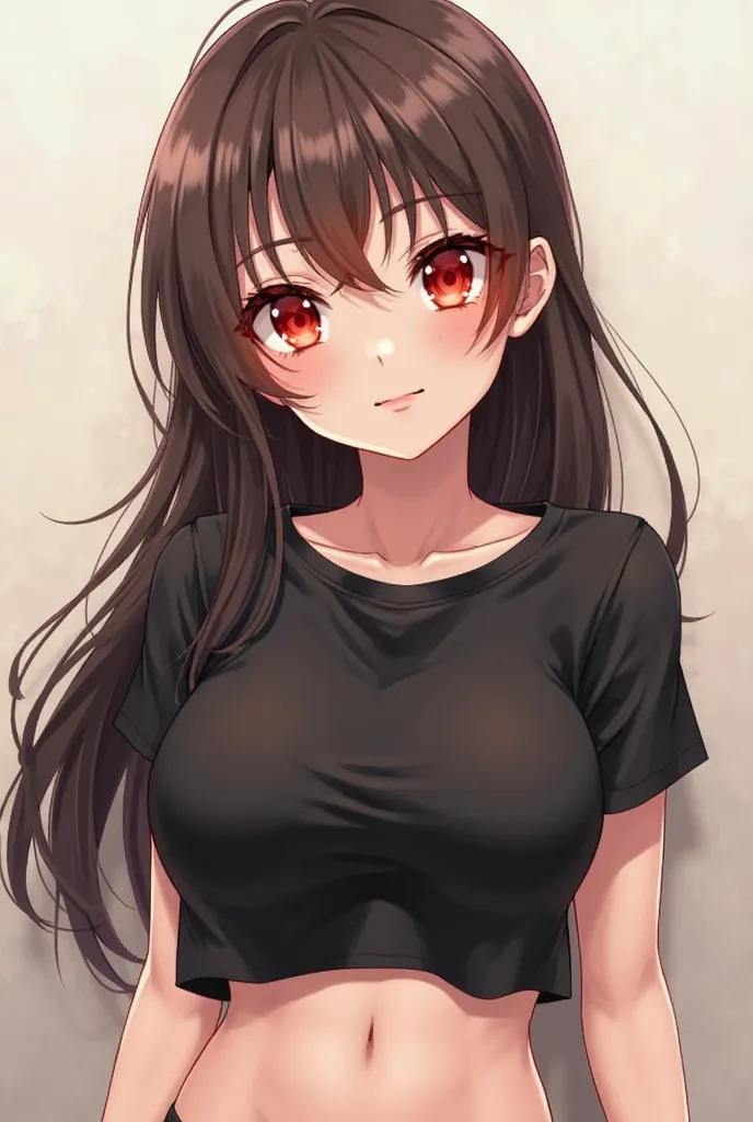 Generate me a 16-year-old manga girl with straight hair, brown and long with red eyes with a black T-shirt where you can see the belly and 
Ultra big boobs 