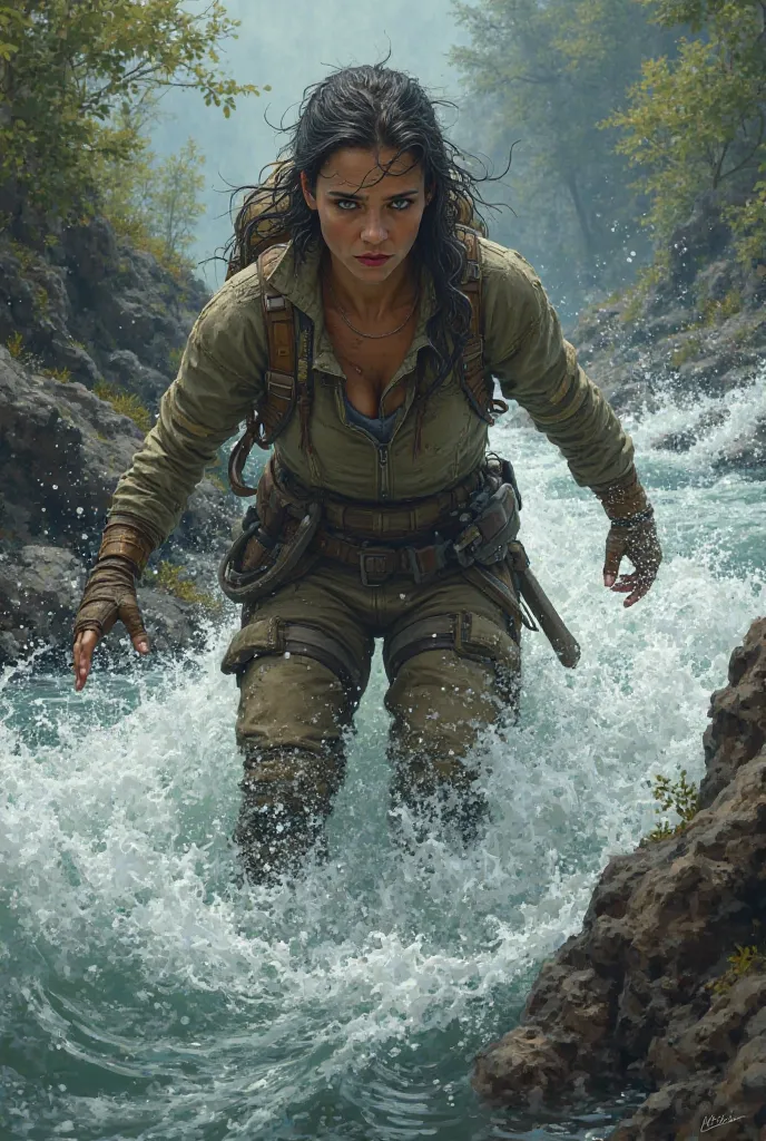 Draw a woman facing a challenge, such as crossing a dangerous river or rescuing an injured animal. 