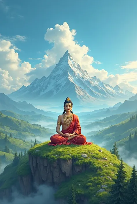 Scene: Animation of Manjushri meditating on a hill, then cutting a passage through Chobhar)