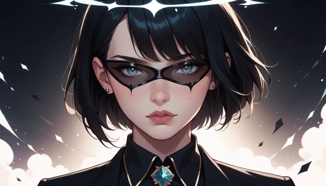 A mysterious woman with short black hair, wearing a black high-collared outfit with a glossy texture. Her eyes are covered by a black crystalline blindfold, slightly translucent. A glowing white broken halo floats above her head. The background is complete...