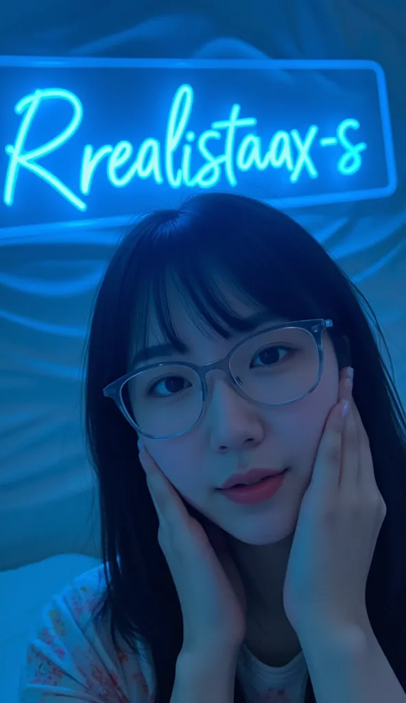  amateur shot , A big neon blue light is read over her creative text "Rrealismax-s " . woman's perspective taking an Instagram selfie ,  in front of a wavy wall  ,  without makeup,  slight smile and slightly open mouth, She has long black hair with bangs, ...