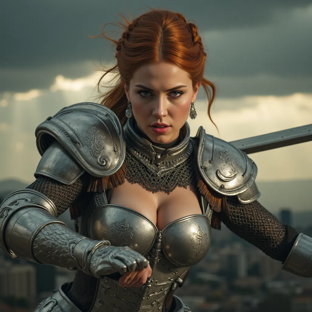 Near . A very detailed, stunningly,  adult beautiful woman , noble shiny armor, Chainmail, Longsword, armoured sleeves,  gold decorated . Lots of patterns, many engravings in the armor. many fine grains, eyes wide open, Robber's Eye, Focused on target view...