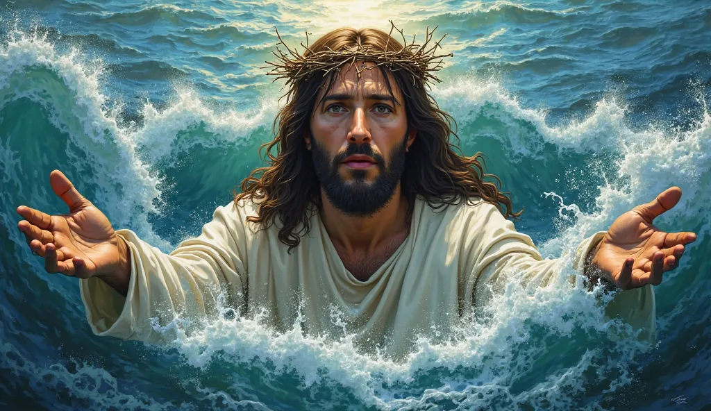 A face of Christ with a crown of thorns and crying with tears in his eyes represented with all the splendor in the sea lifting the water with his hands