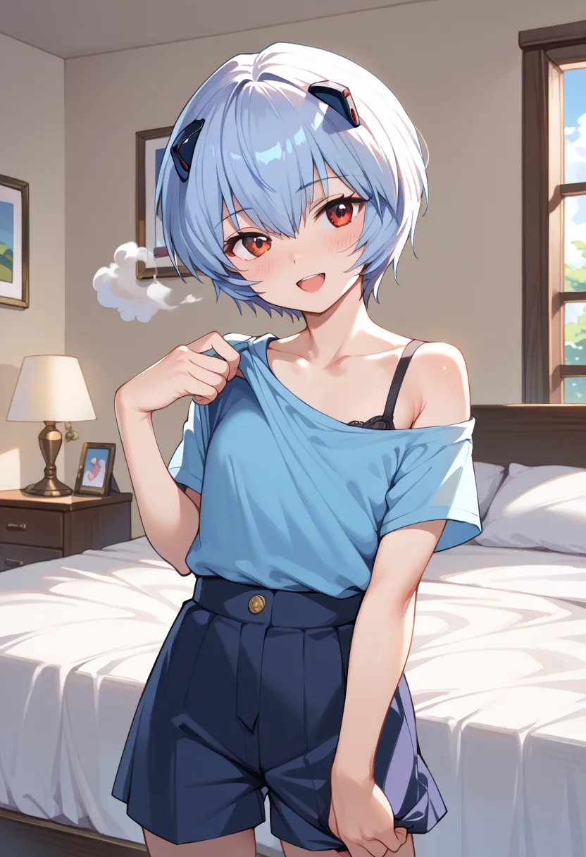 ((highest quality)), ((masterpiece)), (be familiar with), perfect face, indoors, bedroom, viewer,
One woman, Rei Ayanami,
open mouth, steam clouds drift, blush, smile,
 small tits, flat chest, Young girl,  lori,  ,  girl,
Short Hair, short hair,
 open,