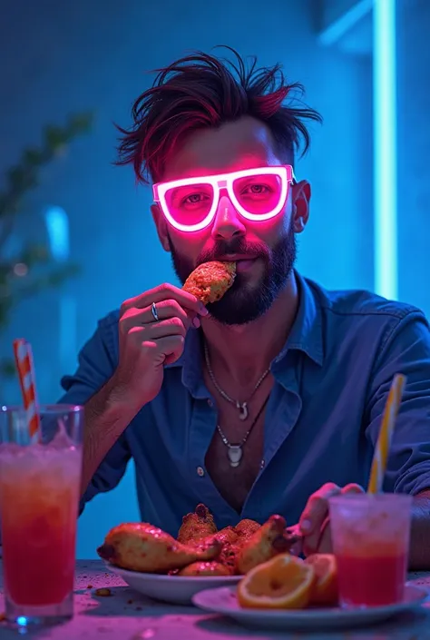 party vibe. A man with neon cooling glasses on his face not showing the eye . caricature style photo. Background is filled with neon blue colour.he eating a chicken leg piece. And some fruits and fruit juices are in the table 4k quality cartoon style  wide...