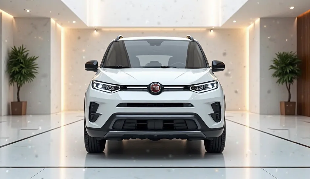 2025 Fiat panda car in the stand luxurious showroom white colour front view 