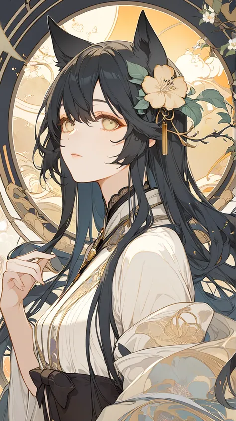 Manhattan Cafe(Uma Musume)、very long hair, with golden eyes,  black hair, anatomically correct, highest quality, Japanese illustration style, anime, Alphonse Mucha, 