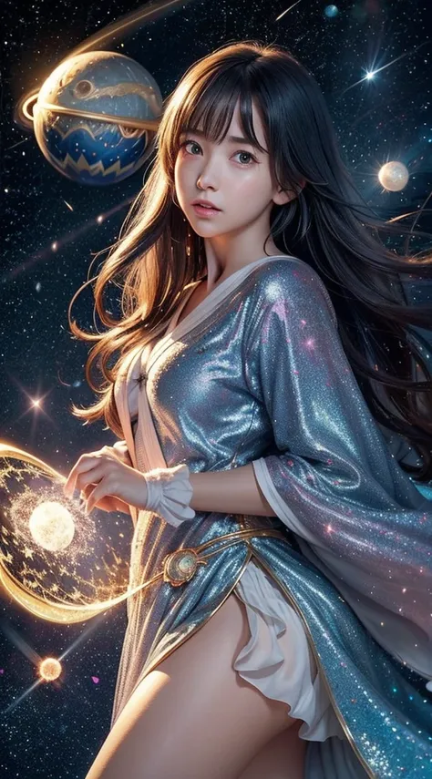 1 girl crouching、A peach-haired star magician named Maria Chiquinha、(Expansion:1.3)、( Comet :1.5)、looking up at the night sky with deep concentration、 long flowing robe 、Exquisitely designed star crest、Wand in Hand 、Magical aura of starlight surrounding he...