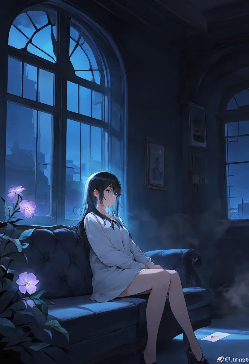 Kishidamel,best quality,(masterpiece,best quality),(good structure,Good composition,clear, original,beautiful),watercolor painting, front view,1girl,sitting on a sofa,a letter,beside by the French window,smoke,solo,(solitude,:1.2),lighting parts of her fac...