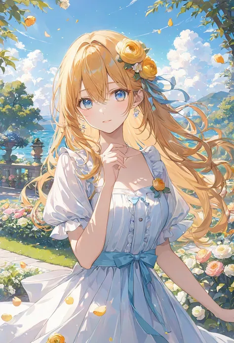   woman with a gentle expression , troubled eyebrows、 Ranunculus Hair Ornament , blue eyes, Honey colored hair,wave hair, bangs between eyes 、Long temporal hair,  have flower petals drawn on,   Ranunculus Petals Floating On Your Hand  ,  In a dress  , The ...