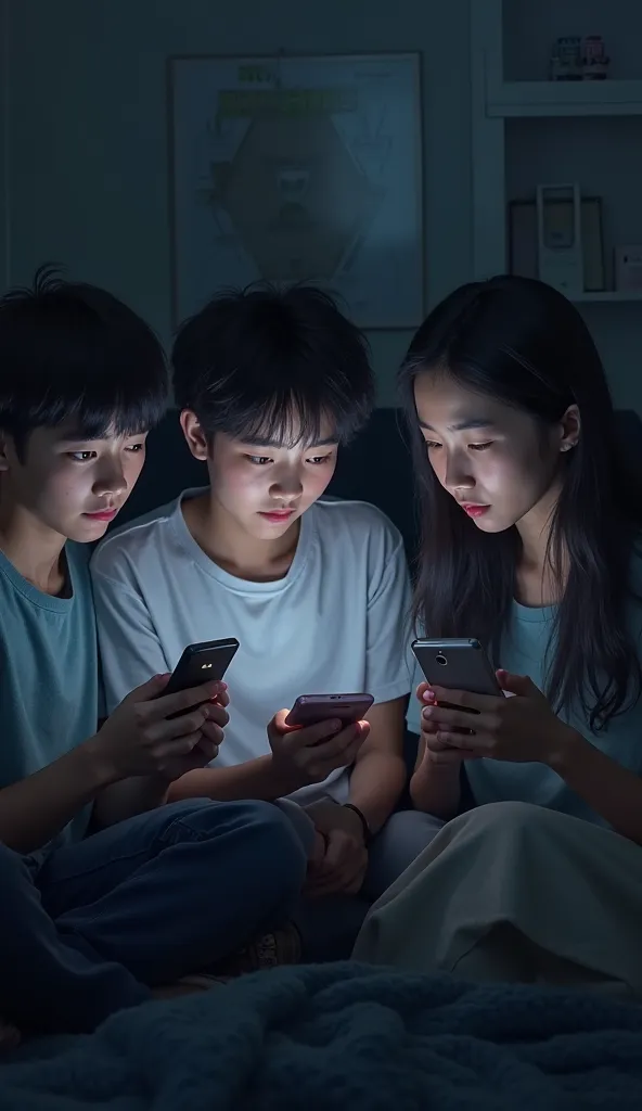 A Group Of Young 25 Year age Japanese Friends Sitting In the Room Holding Smartphones Watching Smartphones With Stunned Face , Dark Night Room , realistic image , Real World , Realism, 