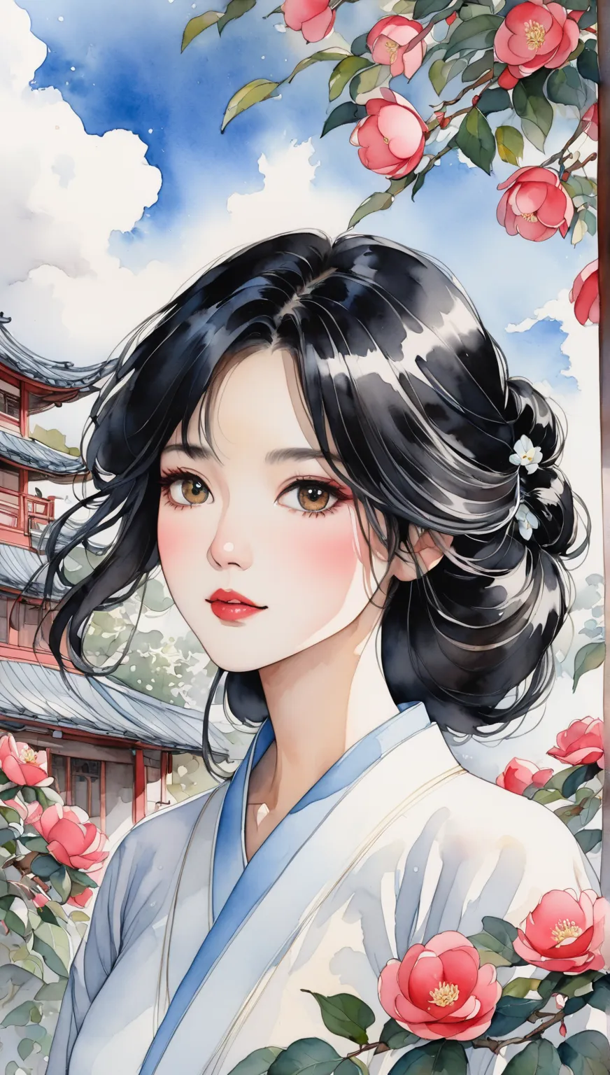  The combination of ink and watercolor painting、woman with beautiful oriental face、 shiny black hair 、Camellia Inn、   blue sky  、 white clouds 、 best quality、Masterpiece、baby dress