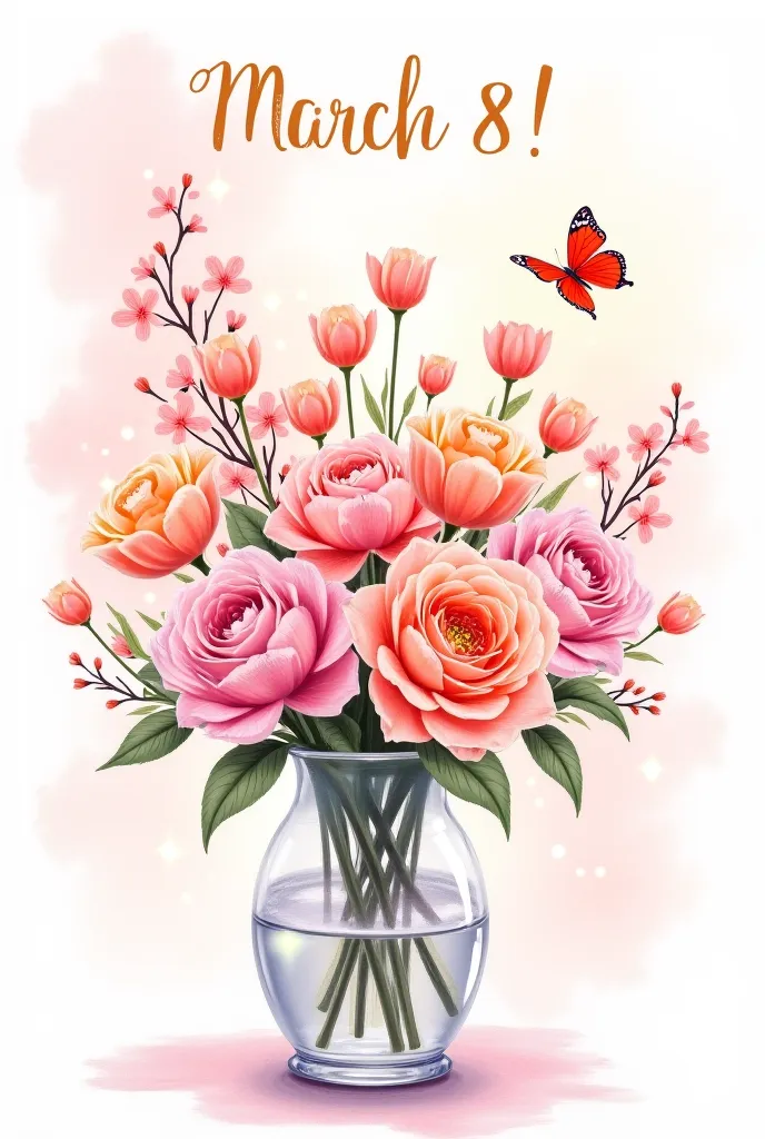 Create bright and gentle watercolor style postcard for International Women's Day (March 8).  The central element : Bouquet of tulips, mimosas and roses in a vase with elegant lines. Add spring motifs: Sakura Branches, butterflies ,  sun glare . В верхней ч...